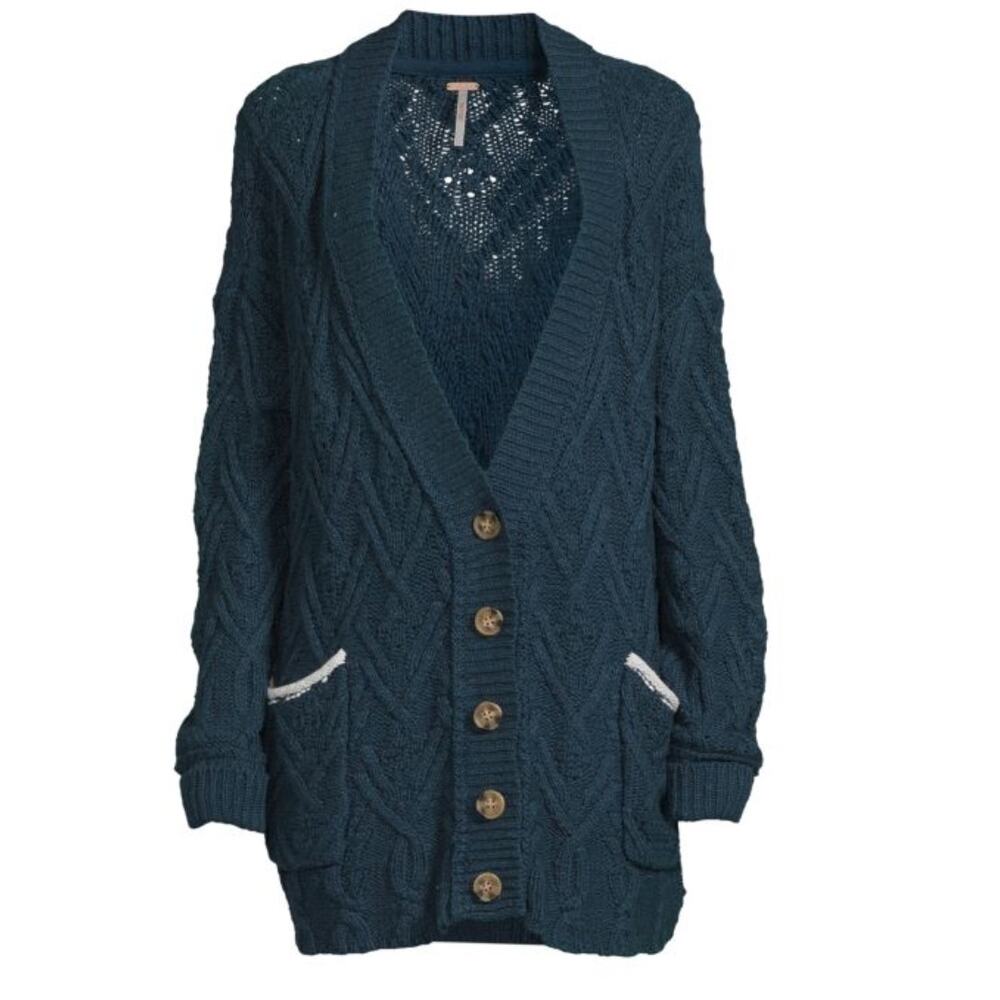 NWOT Free People Montana Cable Cardi Teal Women’s Size Small